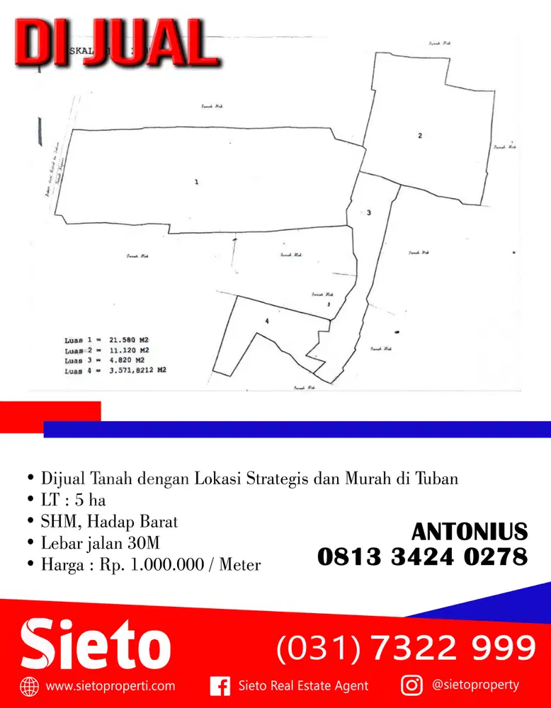 Dijual Tanah dengan Lokasi Strategis dan Murah di Tuban