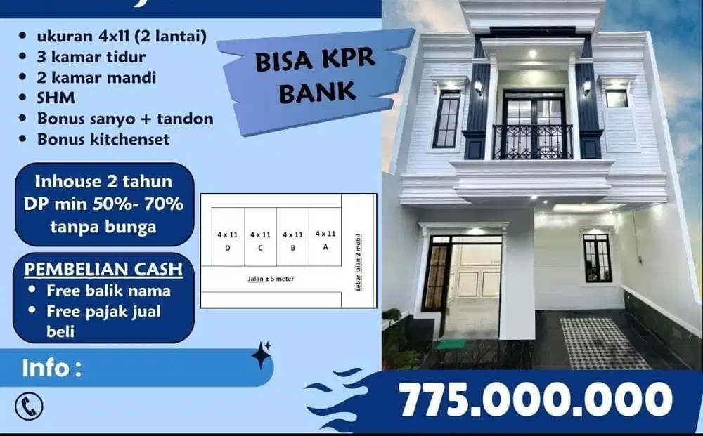 Jual rumah 2 lantai bonus kitchen set,pompa air di Kalijudan Surabaya