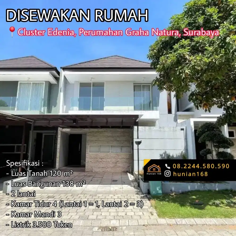 SEWA Rumah Cluster Edenia Graha Natura Intiland Lontar Surabaya Barat