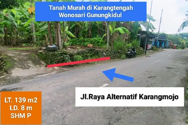 Tanah dijual mangku jalan raya di Karangtengah Wonosari Gunung Kidul