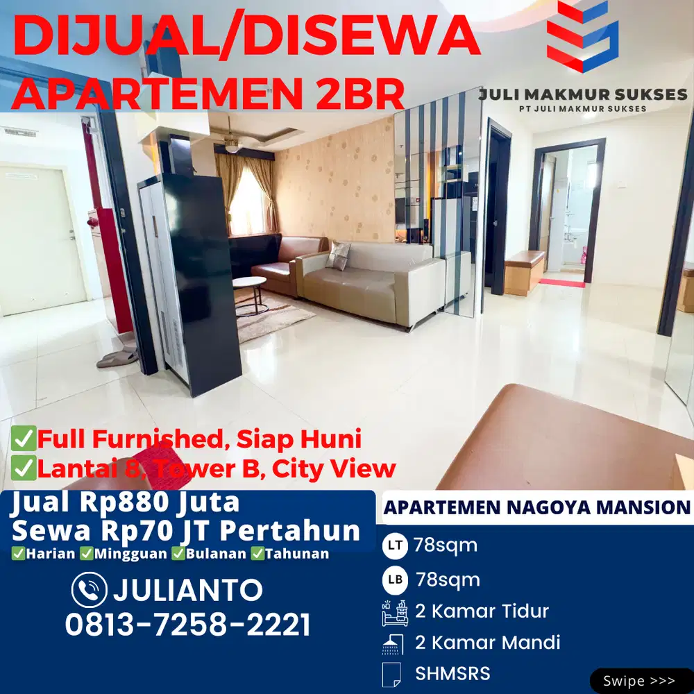 Dijual Apartemen 2BR Full Furnished Siap Huni di Nagoya Mansion Batam