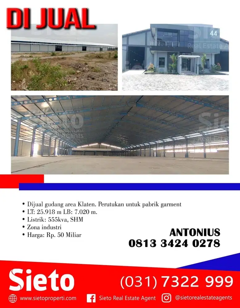 Dijual gudang area Klaten. Perutkan utk pabrik garment