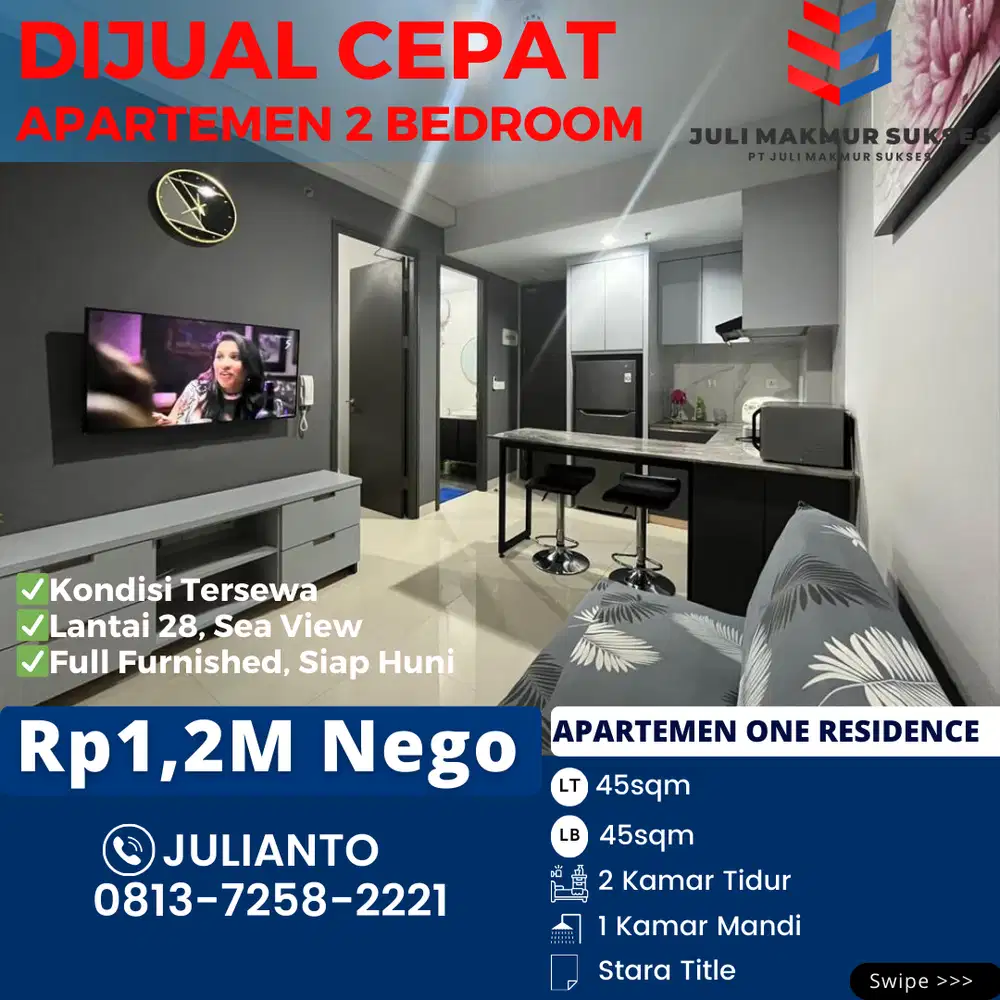 Dijual CEPAT Apartemen 2BR Siap Huni di One Residence Batam Center