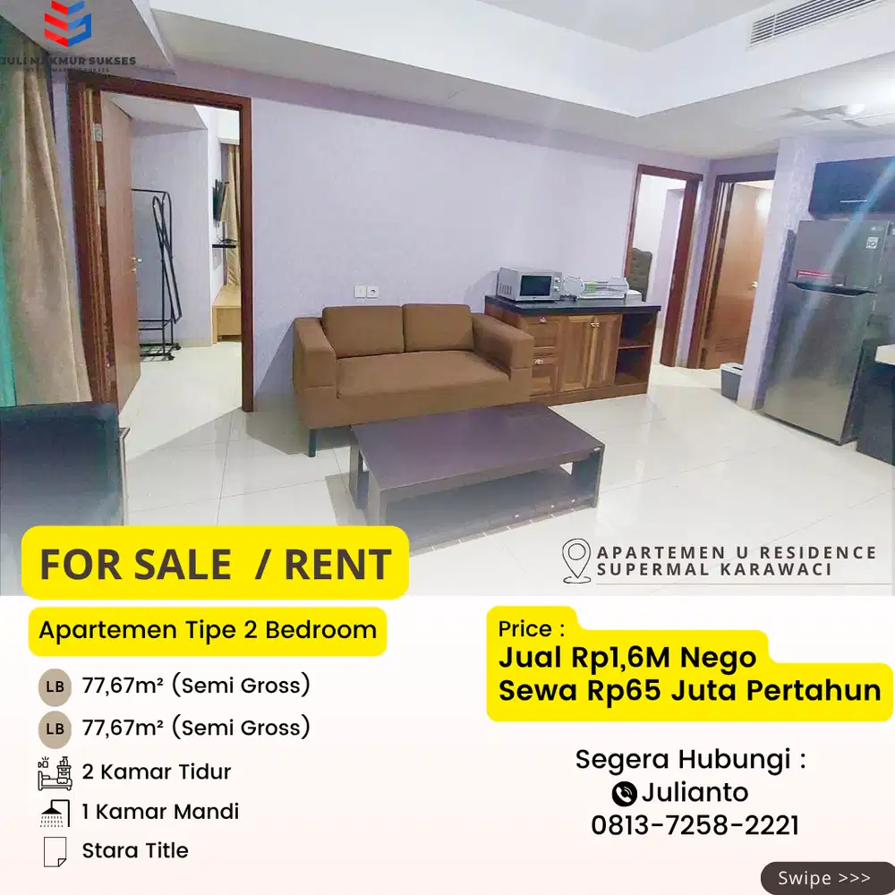 Disewa Apartemen 2BR Full Furnished di U Residence Karawaci