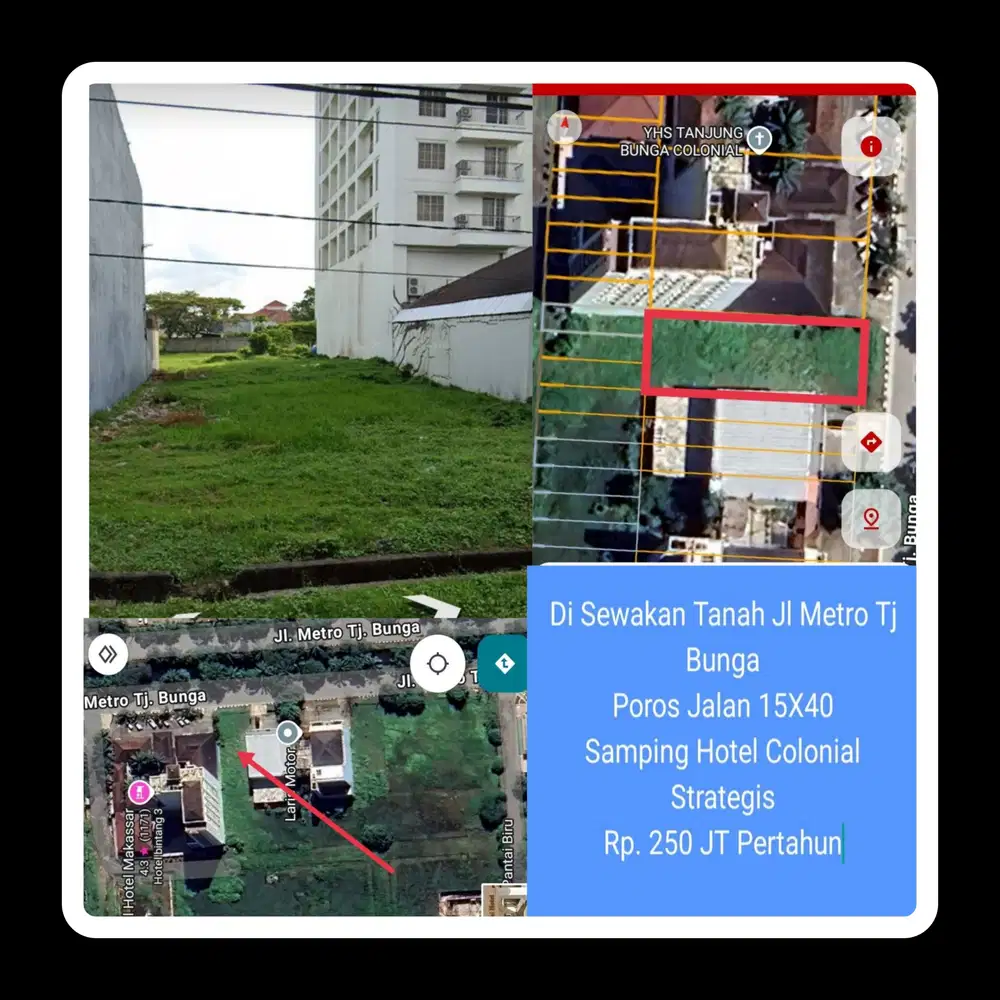 Di Sewakan Tanah  Jl Metro Tj Bunga Poros Jalan 15X40 Spg Hotel Colonia