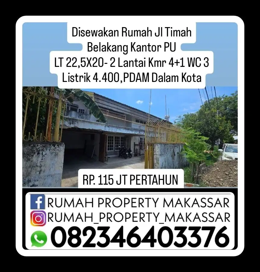 Disewakan Rumah Jl Timah Belakang Kantor PU LT 22,5X20- 2 Lantai Kamar