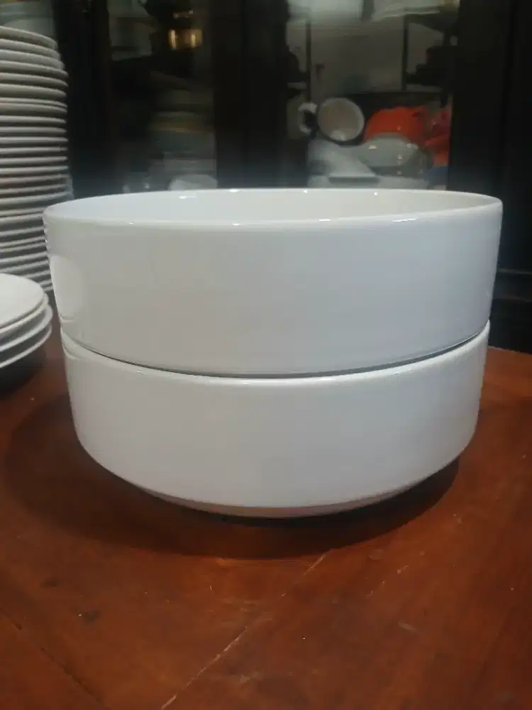 2 pcs mangkuk saji besar keramik, putih, bulat, tinggi
