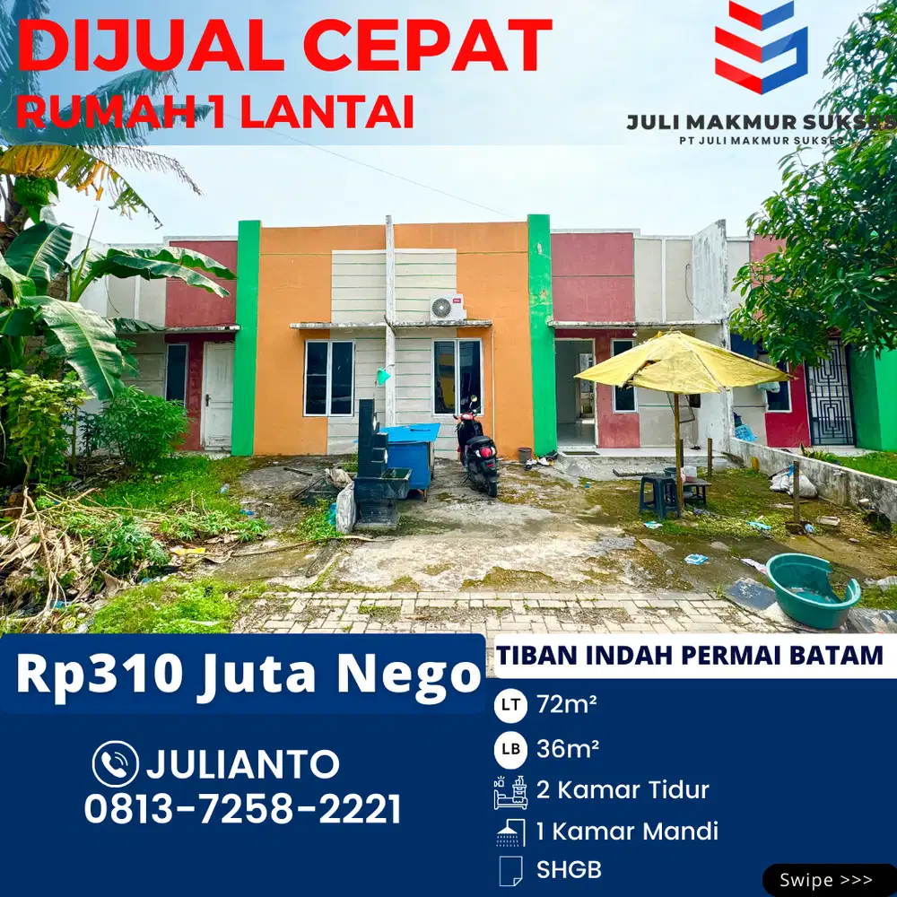 Dijual CEPAT Rumah 1 Lantai di Tiban Indah Permai Batam