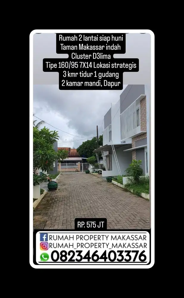 Rumah 2  lantai siap huni Taman Makassar indah cluster D3lima T160/95