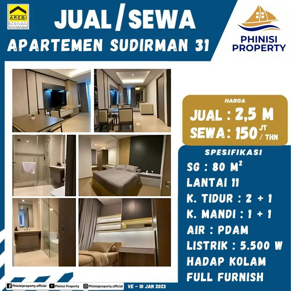 DISEWA Apartmen 31 Sudirman 2 Kamar Tidur Full Furnish