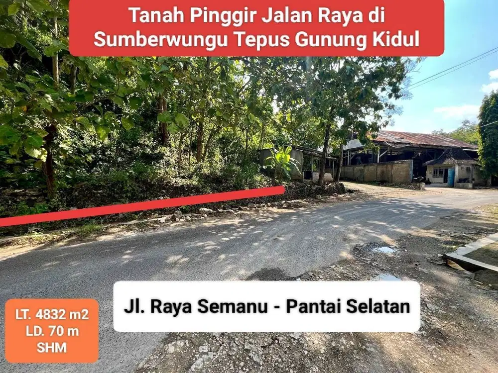 Jual tanah mangku jalan raya arah pantai gunungkidul di sumberwungu tepus dekat tanah Amikom YK hanya 80 rb permeter
