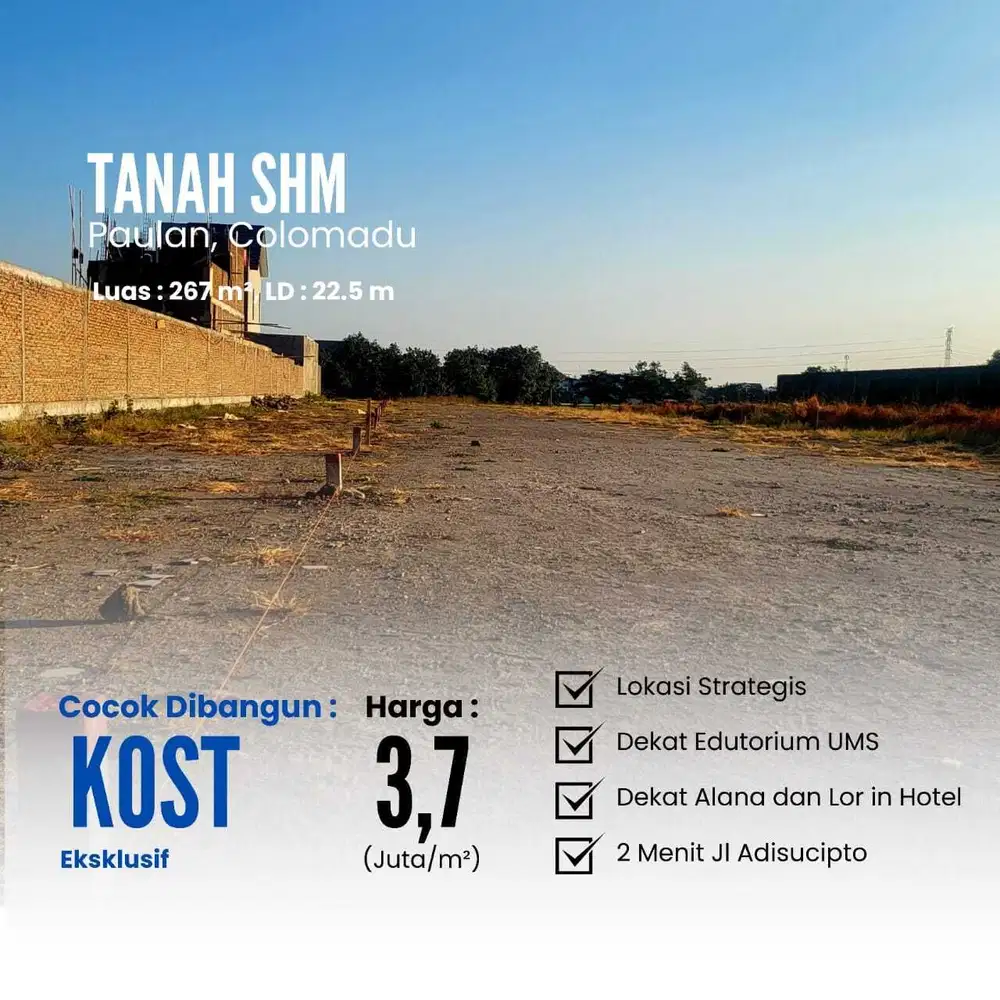 Tanah 267m2 di Paulan Colomadu | Pas Bangun Kos Ekslusif