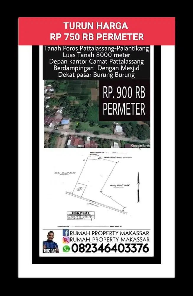 Turun  Harga  Tanah Poros Pattalassang-Palantikang Luas Tanah 8000 Mtr