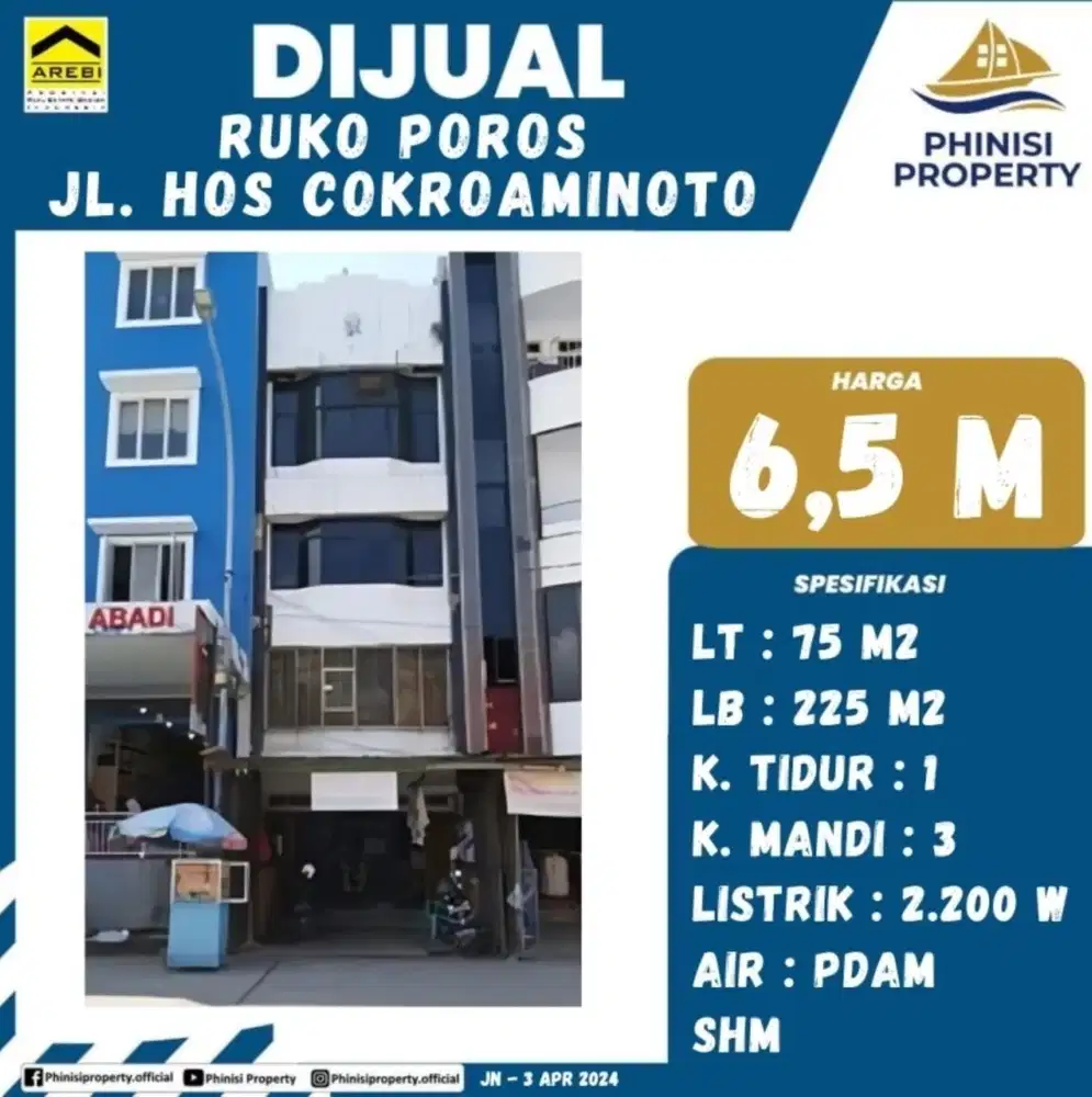DIJUAL Ruko Tengah Kota Posisi Strategis di Jalan HOS Cokroaminoto