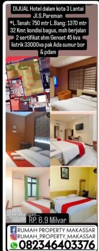 DIJUAL Hotel dalam  kota 3 Lantai Jl.S.Pareman  L.Tanah: 750 L B 1.370