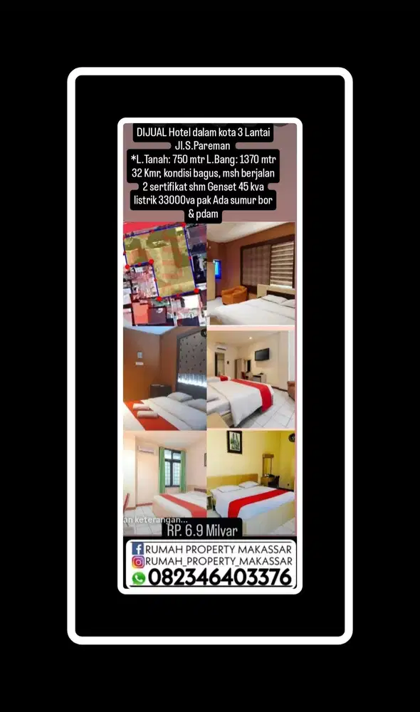 DIJUAL Hotel dalam kota 3 Lantai Jl.S.Pareman  L.Tanah: 750 mtr l.Bang