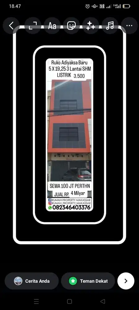 Dijual  atau  Disewakan  Ruko Adiyaksa Baru  5 X 19,25 3  Lantai Sewa