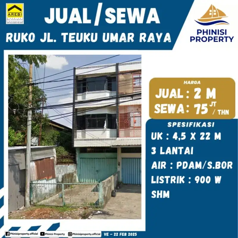 DIJUAL RUKO MURAH 3 LANTAI DI JALAN TEUKU UMAR