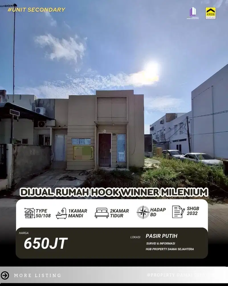 Dijual Rumah Hook Winner Millenium Pasir putih