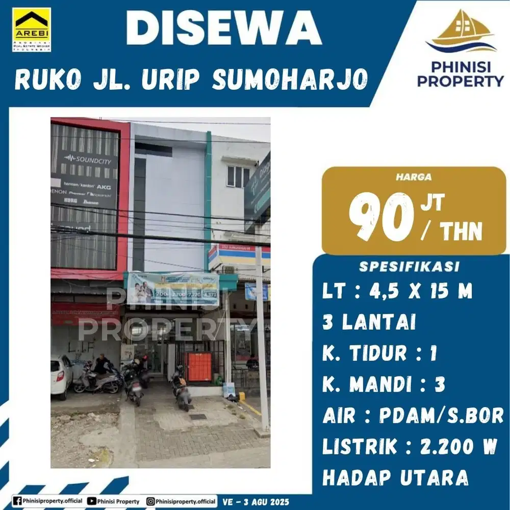 DISEWAKAN RUKO MURAH 3 LANTAI DI URIP SUMOHARJO