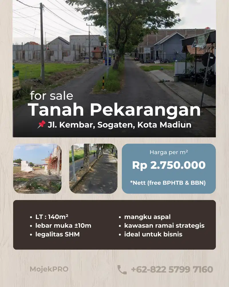 Dijual Tanah di Jalan Kembar Dekat RSUD Sogaten Madiun