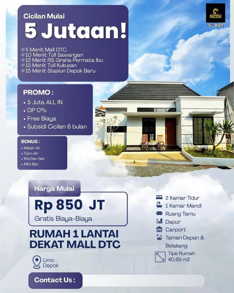 Rumah Dijual Cluster  Limo Depok strategis KPR