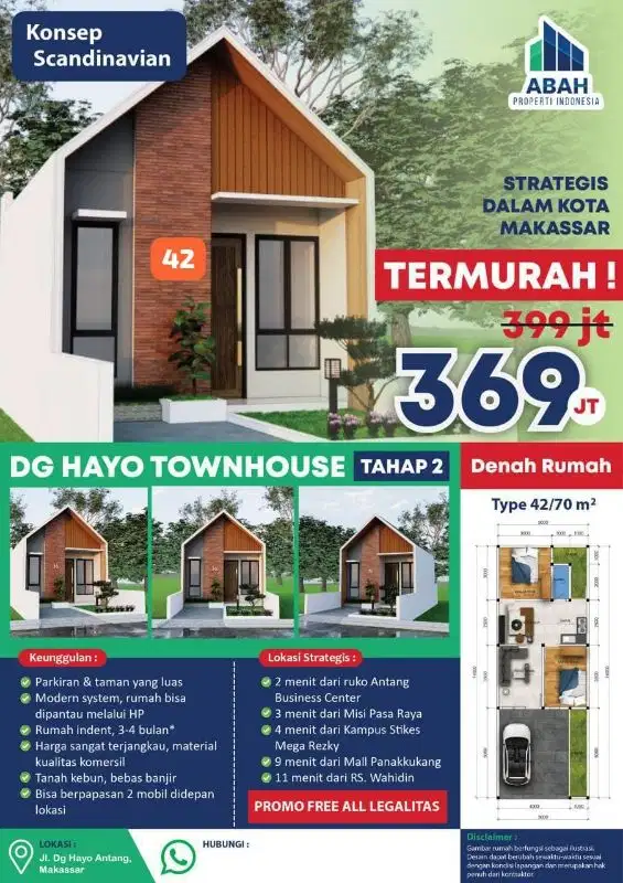 Rumah Scandanavian  type 42/70 Harga 300 jtan Free All Legalitas