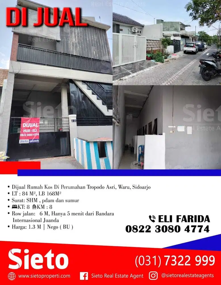 Dijual Rumah Kos aktif full penghuni di  perumahan Tropodo Asri, Waru,