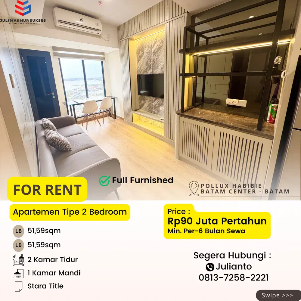 Disewa Apartemen 2BR Full Furnished Siap Huni di Pollux Habibie Batam