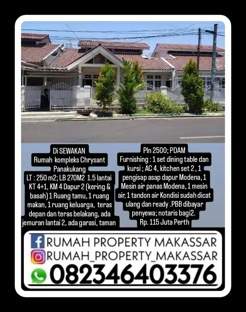 DI  SEWAKAN  Rumah  kompleks Chrysant Panakukang LT : 250 m2; LB 270M2