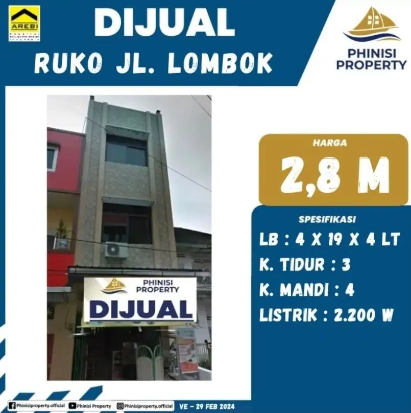 DIJUAL Ruko tengah Kota di Jalan Lombok
