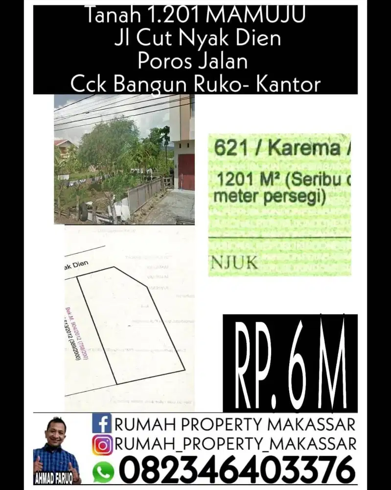 Trn Hrg tanah 1.201 M² Jl Cut Nyak Dien Mamuju Poros Jln  Tengah Kota