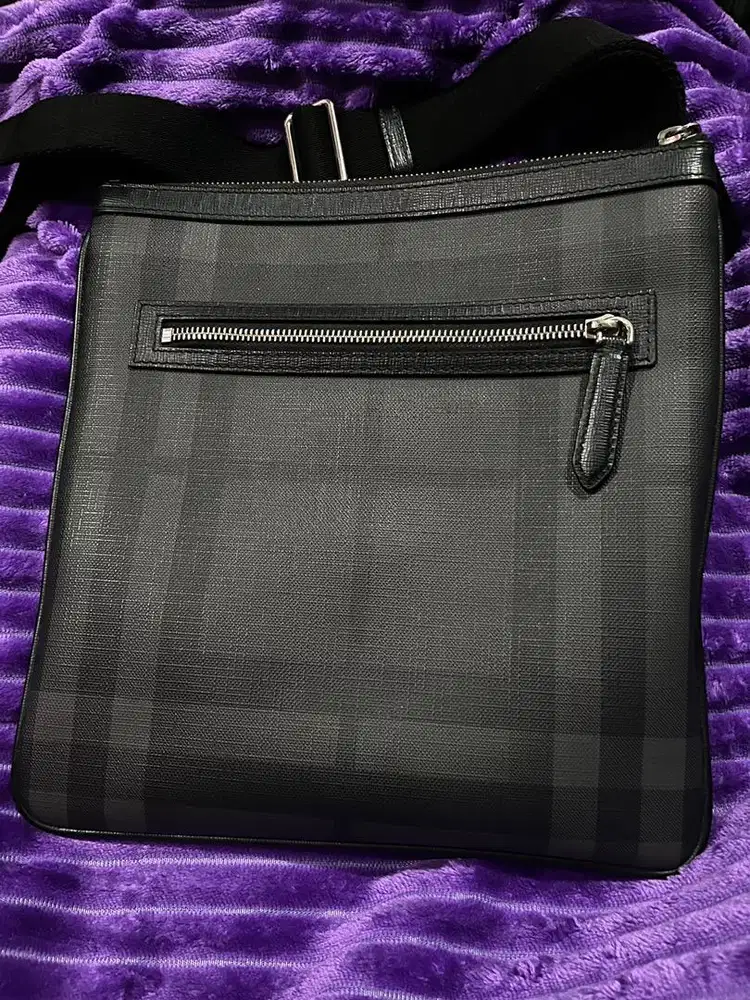 BURBERRY GRAY SMOKE CHECK COATED CANVAS CROSSBODY BROWN DARK GREY