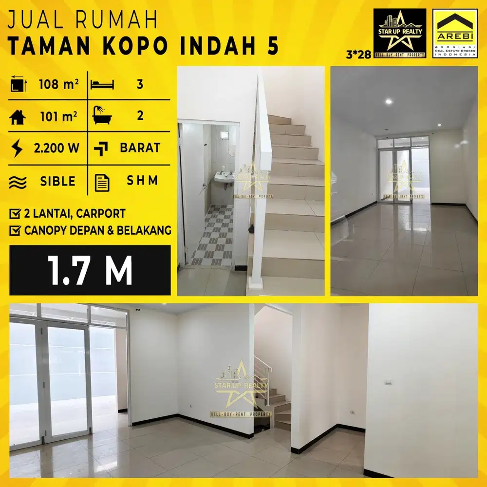 1,7 M Dijual Rumah 2 Lantai Taman Kopo Indah V Bandung Lt 108 Lb 101