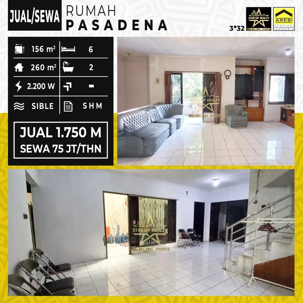 sewa 75jt / th atau DiJual 1,75M Rumah Pasadena Caringin lt 156 lb 260