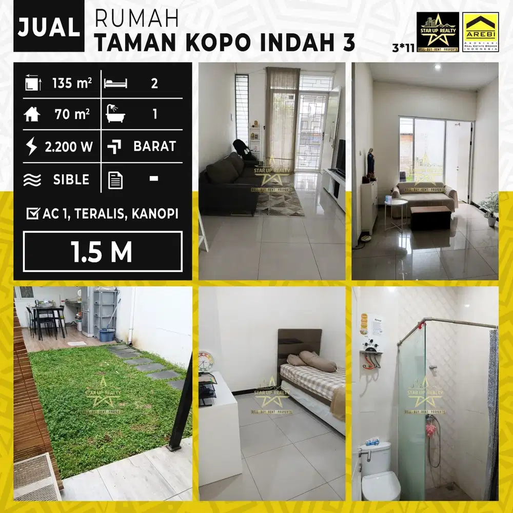 1,5 M Dijual Rumah TKI 3 Taman Kopo Indah 3 lt135 lb70 AC,canopi,sible