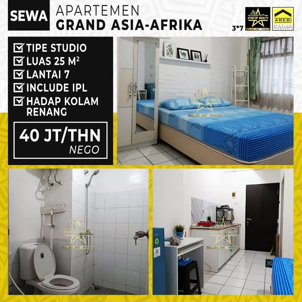 40 jt include IPL Disewakan Apartemen Studio Grand Asia Afrika lt 7