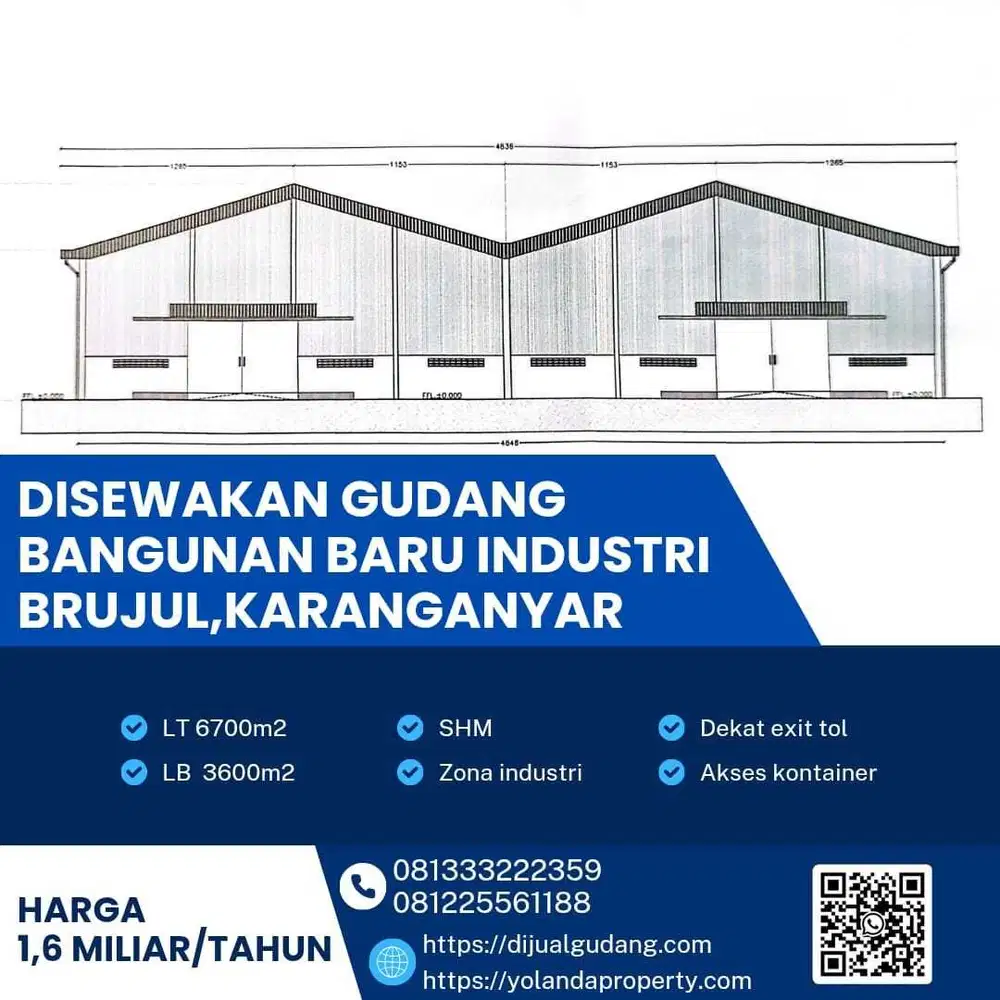 Dijual Gudang Bangunan Baru Industri Lokasi Brujul,Karanganyar 6700m2