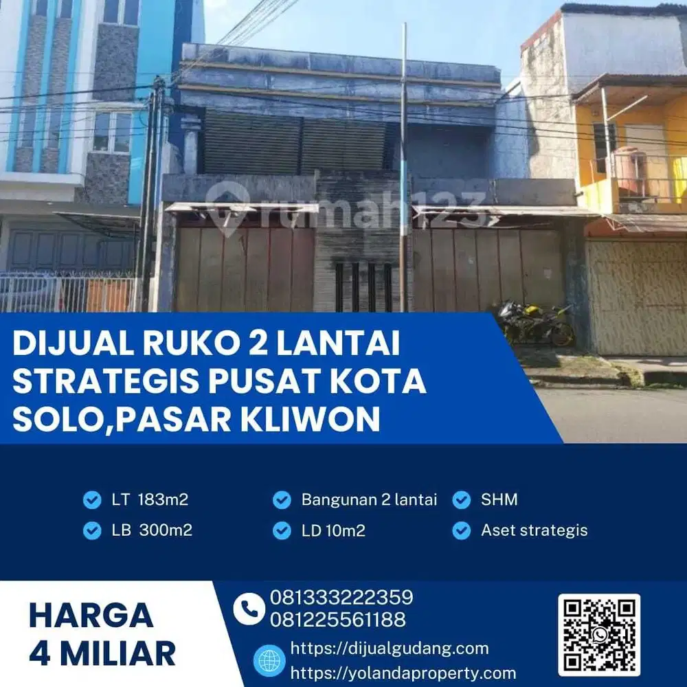 Dijual Ruko Strategis 2 Lantai di Pasar Kliwon,Solo luas 183m2