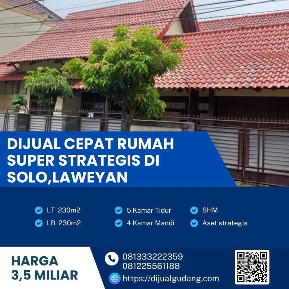 Dijual Rumah Super Strategis di Kota Solo Laweyan Luas 230m2