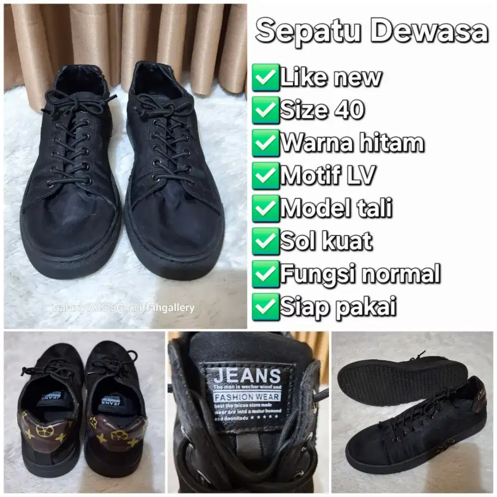 Sepatu Tali Motif LV Warna Hitam Bersih Normal Siap Pakai