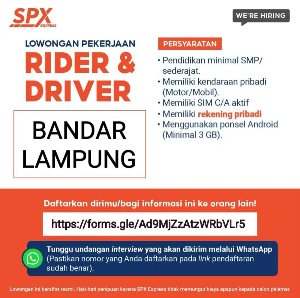 Lowongan kurir Shope express Bandar Lampung