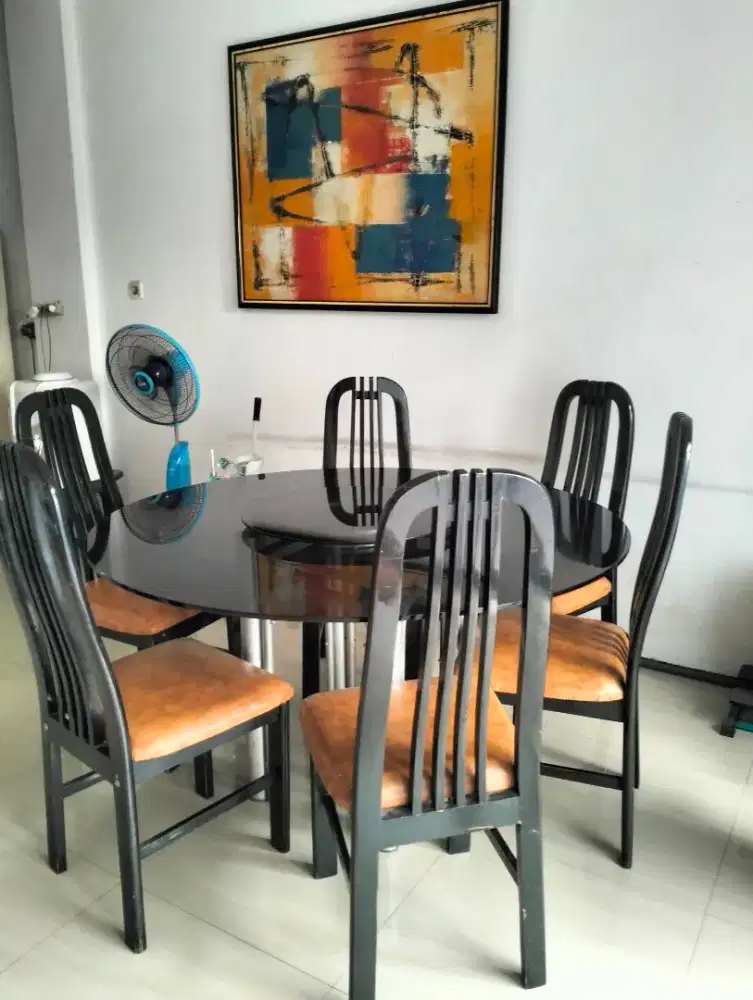 Jual meja makan kaca lengkap kursi 6 bh