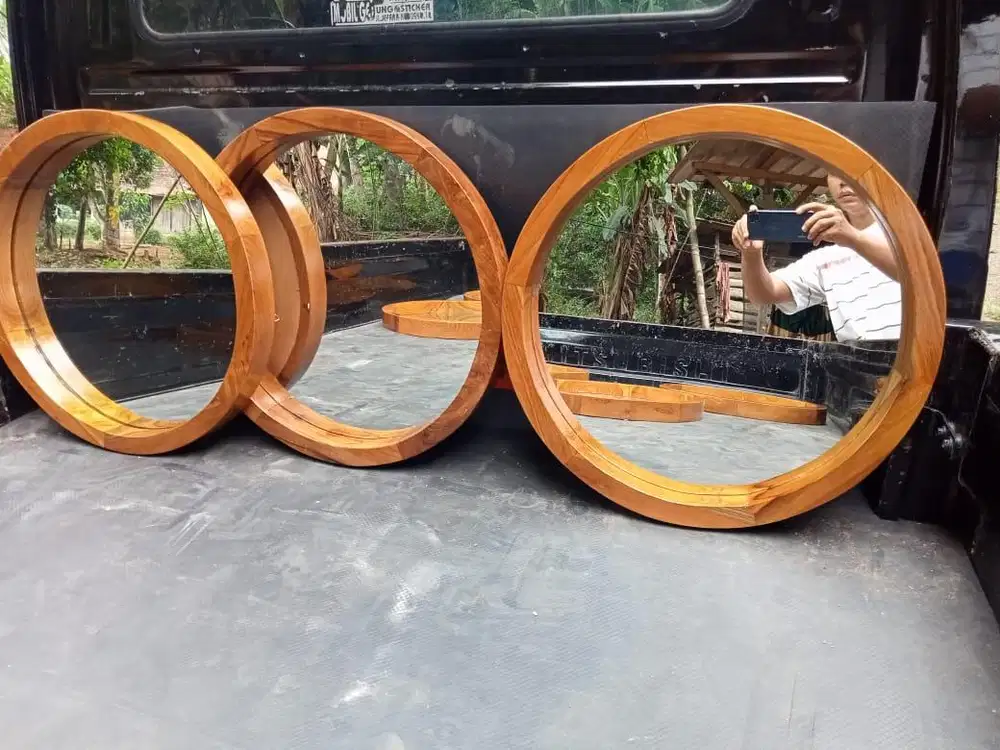 Cermin standing mirror vintage cermin bulat material bahan kayu jati