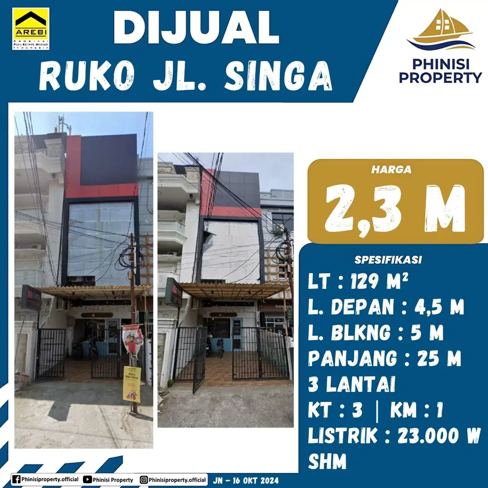 DIJUAL Ruko tengah Kota di Jalan Singa