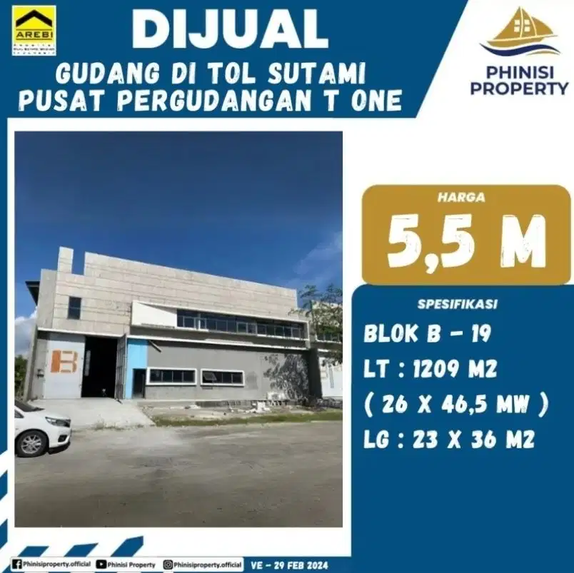 DIJUAL Gudang di Pusat Pergudangan T One Tol Ir Sutami