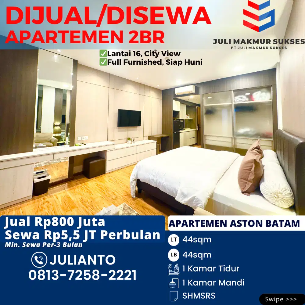 Dijual Apartemen Studio Full Furnished Siap Huni di Aston Batam