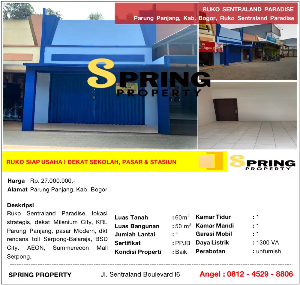 Ruko di Sentraland Paradise Dekat Stasiun Pasar Parung Panjang Bogor
