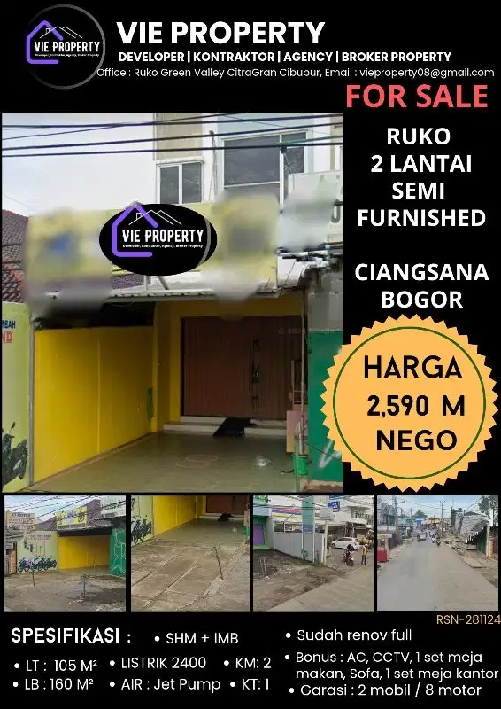 JUAL RUKO MURAH SEMI FURNISHED  SIAP PAKAI DI BOJONGKULUR CIANGSANA