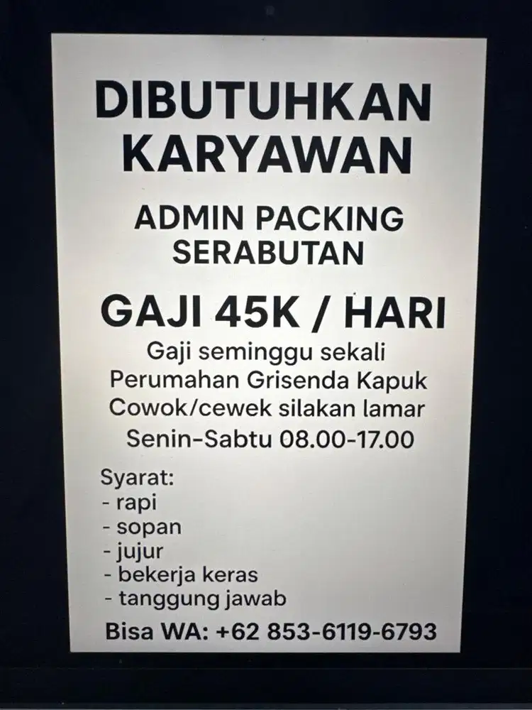 Dibutuhkan karyawan packing serabutan